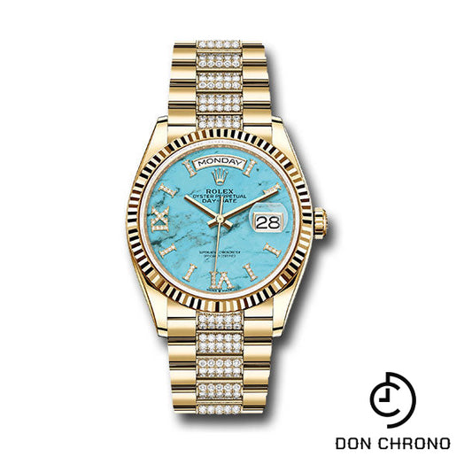 Rolex Yellow Gold Day-Date 36 Watch - Fluted Bezel - Turquoise Diamond Index Roman 9 Dial - Diamond President Bracelet - 128238 tdidrdp