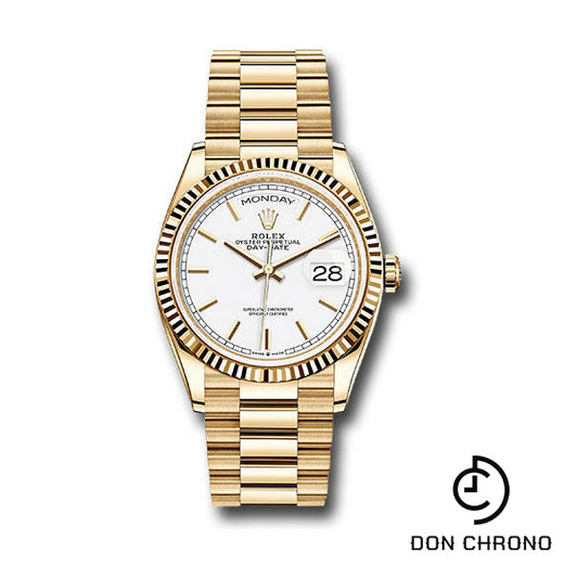Rolex Yellow Gold Day-Date 36 Watch - Fluted Bezel - White Index Dial - President Bracelet - 128238 wip