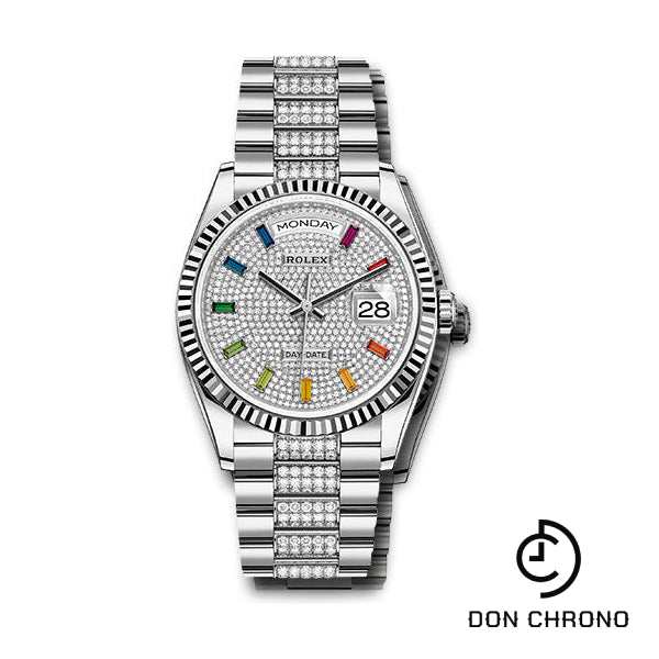 Rolex White Gold Day-Date 36 Watch - Fluted Bezel - Diamond-Paved Dial - Diamond President Bracelet - 128239 dprsdp