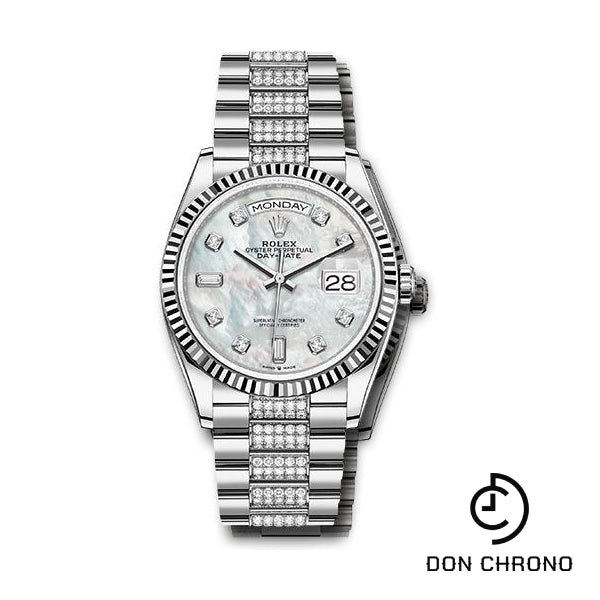 Rolex White Gold Day-Date 36 Watch - Fluted Bezel - White Mother-Of-Pearl Diamond Dial - Diamond President Bracelet - 128239 mddp