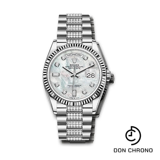 Rolex White Gold Day-Date 36 Watch - Fluted Bezel - White Mother-Of-Pearl Diamond Dial - Diamond President Bracelet - 128239 mddp