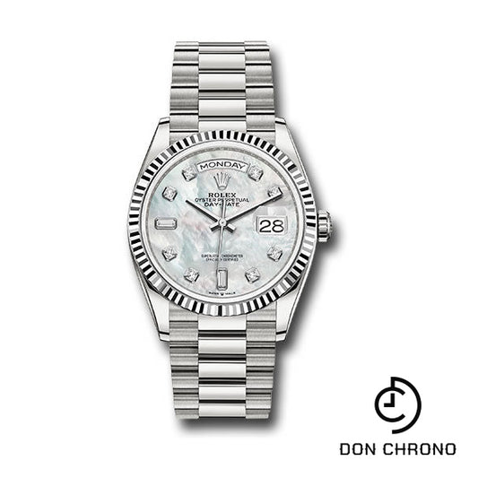 Rolex White Gold Day-Date 36 Watch - Fluted Bezel - Mother-of-Pearl Diamond Dial - President Bracelet - 128239 mdp