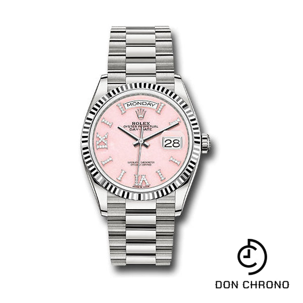 Rolex White Gold Day-Date 36 Watch - Fluted Bezel - Pink Opal Diamond Hour Marker Dial - President Bracelet - 128239 podhmp