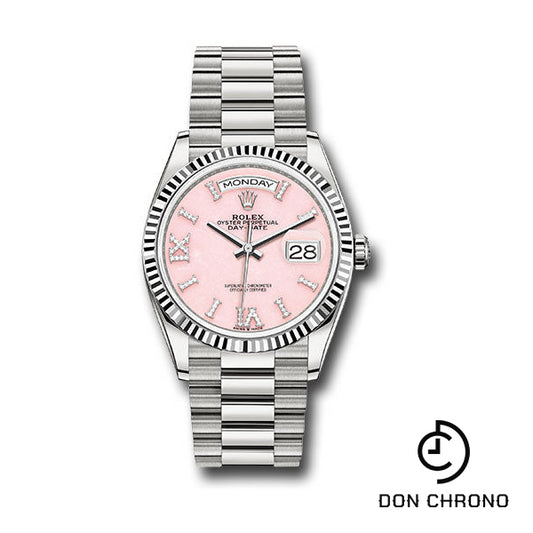 Rolex White Gold Day-Date 36 Watch - Fluted Bezel - Pink Opal Diamond Hour Marker Dial - President Bracelet - 128239 podhmp