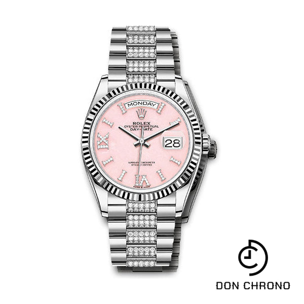 Rolex White Gold Day-Date 36 Watch - Fluted Bezel - Pink Opal Diamond Index Roman 9 Dial - Diamond President Bracelet - 128239 podidrdp