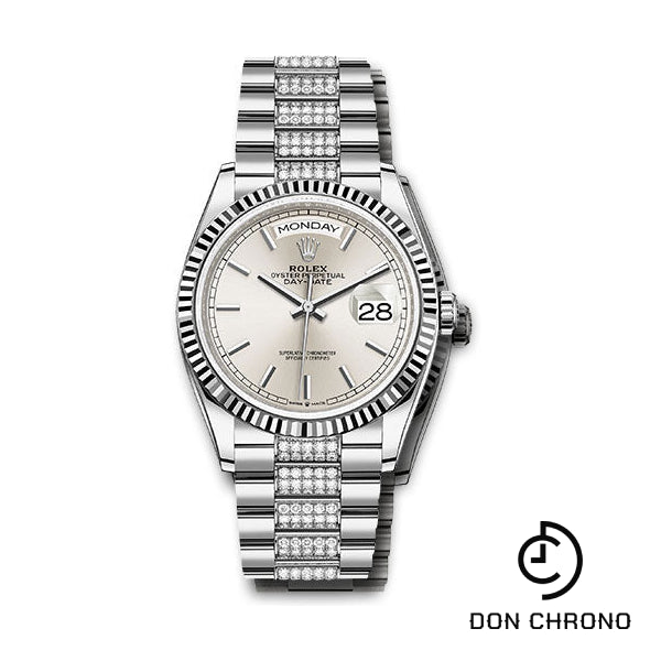 Rolex White Gold Day-Date 36 Watch - Fluted Bezel - Silver Index Dial - Diamond President Bracelet - 128239 sidp