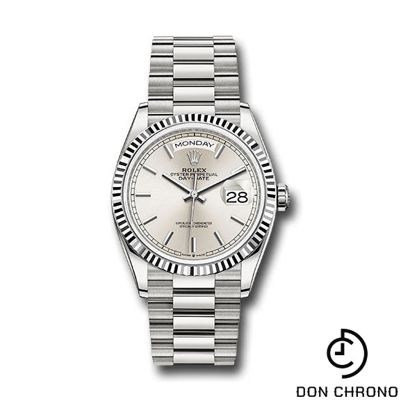 Rolex White Gold Day-Date 36 Watch - Fluted Bezel - Silver Index Dial - President Bracelet - 128239 sip