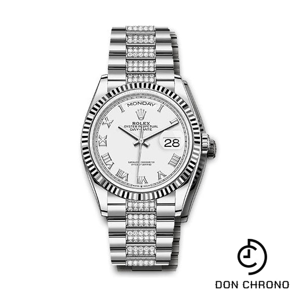 Rolex White Gold Day-Date 36 Watch - Fluted Bezel - White Roman Dial - Diamond President Bracelet - 128239 wrdp