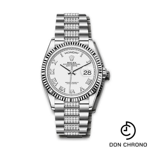 Rolex White Gold Day-Date 36 Watch - Fluted Bezel - White Roman Dial - Diamond President Bracelet - 128239 wrdp