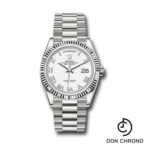 Rolex White Gold Day-Date 36 Watch - Fluted Bezel - White Roman Dial - President Bracelet - 128239 wrp