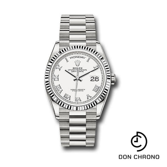 Rolex White Gold Day-Date 36 Watch - Fluted Bezel - White Roman Dial - President Bracelet - 128239 wrp