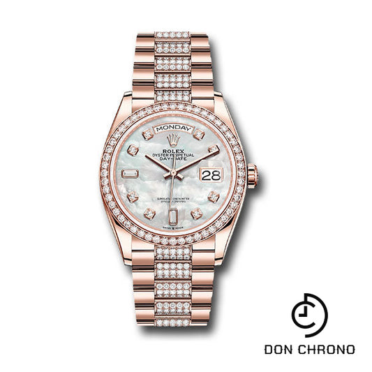 Rolex Everose Gold Day-Date 36 Watch - Diamond Bezel - White Mother-Of-Pearl Diamond Dial - Diamond President Bracelet - 128345rbr mddp
