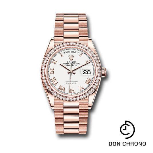 Rolex Everose Gold Day-Date 36 Watch - Diamond Bezel - White Roman Dial - President Bracelet - 128345rbr wrp