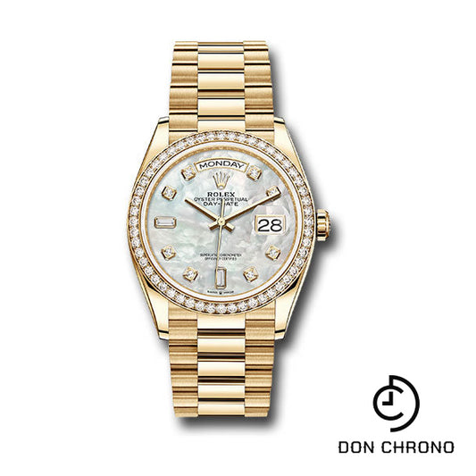 Rolex Yellow Gold Day-Date 36 Watch - Diamond Bezel - Mother-of-Pearl Diamond Dial - President Bracelet - 128348RBR mdp