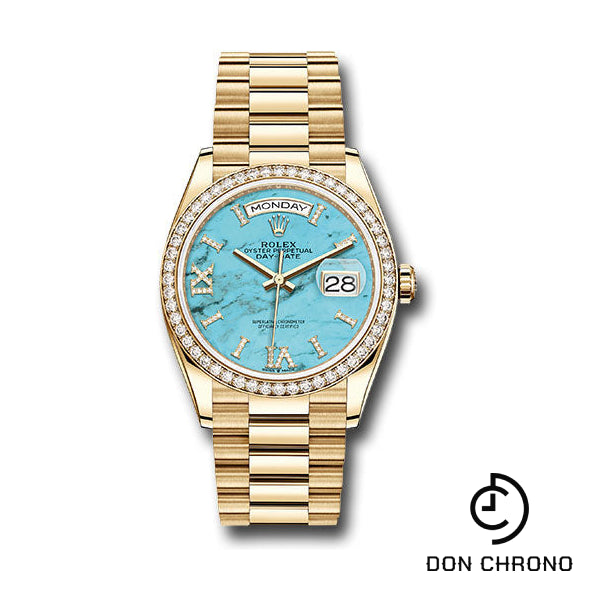 Rolex Yellow Gold Day-Date 36 Watch - Diamond Bezel - Turquoise Diamond Roman Dial - President Bracelet - 128348RBR tdidrp