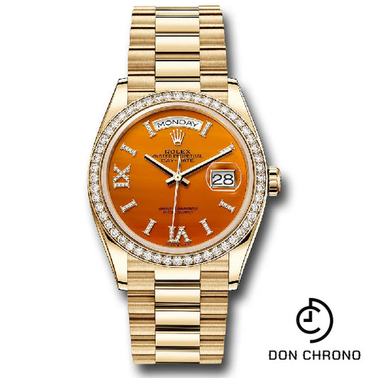 Rolex Yellow Gold Day-Date 36 Watch - Diamond Bezel - Carnelian Diamond Index Roman 9 Dial - President Bracelet - 128348rbr cardidrp