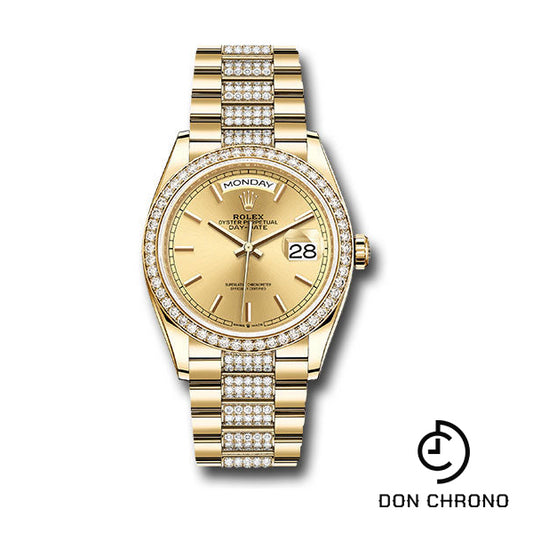 Rolex Yellow Gold Day-Date 36 Watch - Diamond Bezel - Champagne Index Dial - Diamond President Bracelet - 128348rbr chidp