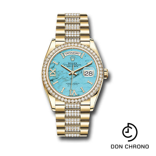 Rolex Yellow Gold Day-Date 36 Watch - Diamond Bezel - Turquoise Diamond Index Roman 9 Dial - Diamond President Bracelet - 128348rbr tdidrdp