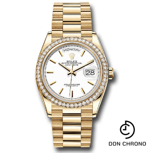 Rolex Yellow Gold Day-Date 36 Watch - Diamond Bezel - White Index Dial - Diamond President Bracelet - 128348rbr wip