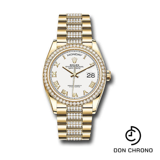 Rolex Yellow Gold Day-Date 36 Watch - Diamond Bezel - White Roman Dial - Diamond President Bracelet - 128348rbr wrdp