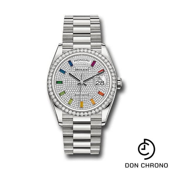 Rolex White Gold Day-Date 36 Watch - Diamond Bezel - Diamond Paved Rainbow Sapphire Dial - President Bracelet - 128349RBR dprsp