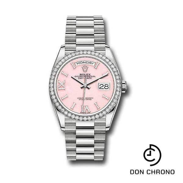 Rolex White Gold Day-Date 36 Watch - Diamond Bezel - Pink Opal Diamond Hour Marker Dial - President Bracelet - 128349RBR podhmp