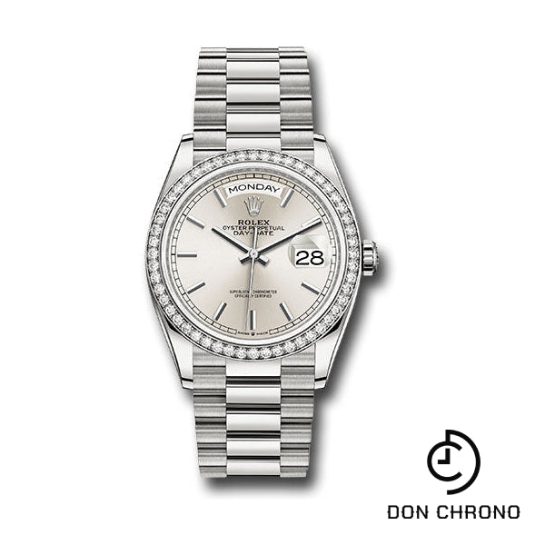 Rolex White Gold Day-Date 36 Watch - Diamond Bezel - Silver Index Dial - President Bracelet - 128349RBR sip