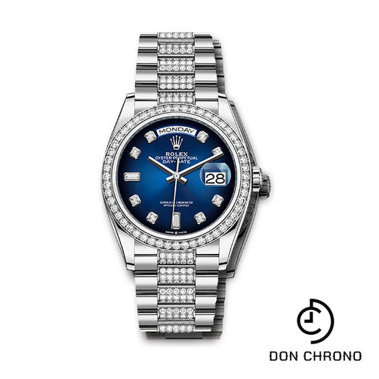 Rolex White Gold Day-Date 36 Watch - Diamond Bezel - Blue OmbrŽ Diamond Dial - Diamond President Bracelet - 128349rbr bloddp