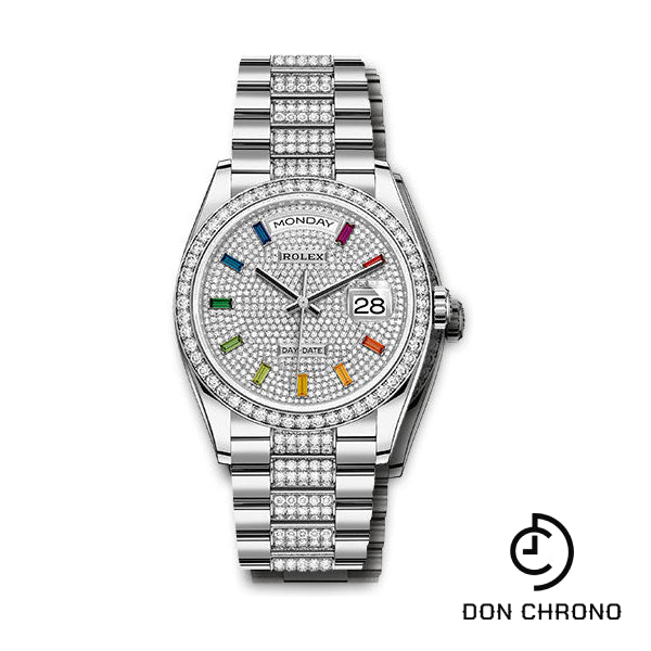 Rolex White Gold Day-Date 36 Watch - Diamond Bezel - Diamond-Paved Dial - Diamond President Bracelet - 128349rbr dprsdp