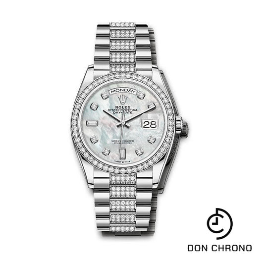 Rolex White Gold Day-Date 36 Watch - Diamond Bezel - White Mother-Of-Pearl Diamond Dial - Diamond President Bracelet - 128349rbr mddp