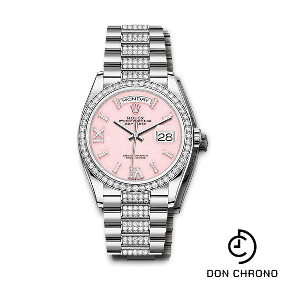 Rolex White Gold Day-Date 36 Watch - Diamond Bezel - Pink Opal Diamond Index Roman 9 Dial - Diamond President Bracelet - 128349rbr podidrdp