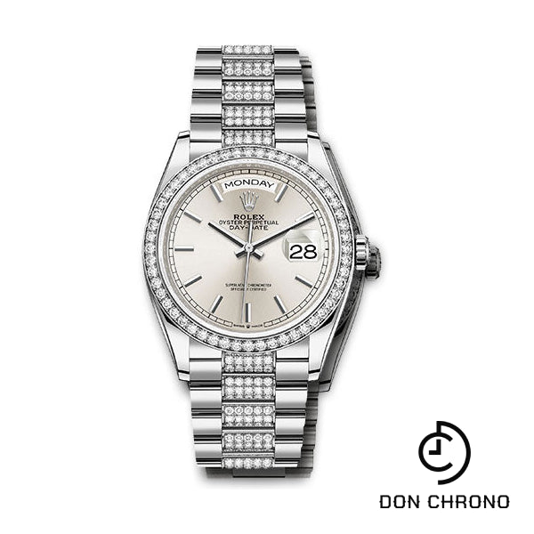 Rolex White Gold Day-Date 36 Watch - Diamond Bezel - Silver Index Dial - Diamond President Bracelet - 128349rbr sidp