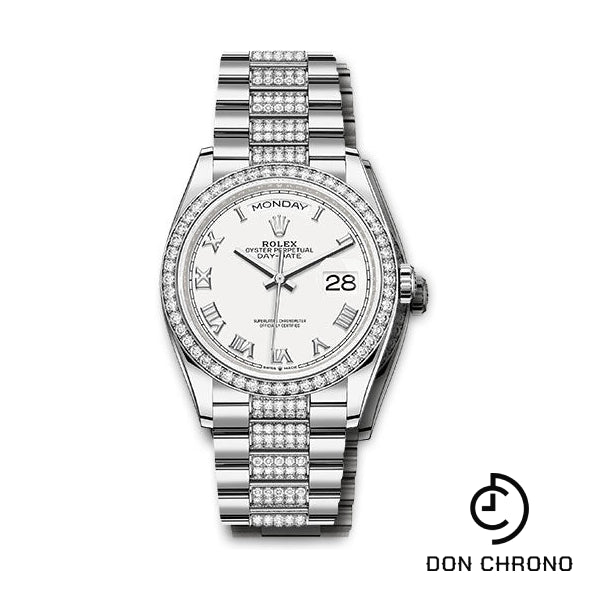 Rolex White Gold Day-Date 36 Watch - Diamond Bezel - White Roman Dial - Diamond President Bracelet - 128349rbr wrdp