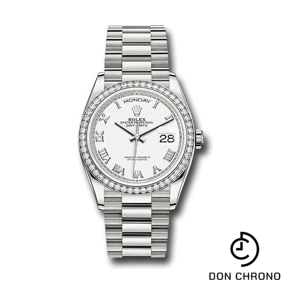 Rolex White Gold Day-Date 36 Watch - Diamond Bezel - White Roman Dial - President Bracelet - 128349rbr wrp