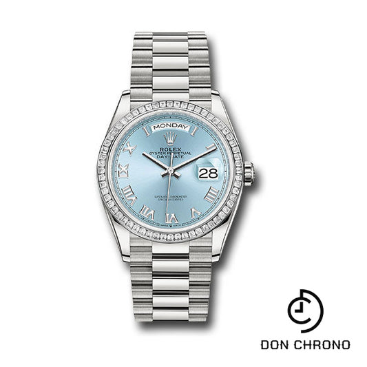 Rolex Platinum Day-Date 36 Watch - Diamond Bezel - Ice Blue Roman Dial - President Bracelet - 128396tbr ibrp