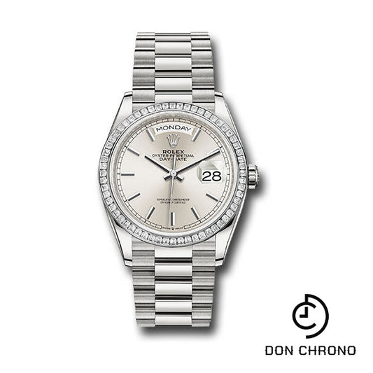 Rolex Platinum Day-Date 36 Watch - Diamond Bezel - Silver Index Dial - President Bracelet - 128396tbr sip