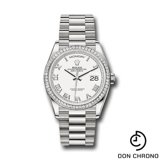 Rolex Platinum Day-Date 36 Watch - Diamond Bezel - White Roman Dial - President Bracelet - 128396tbr wrp