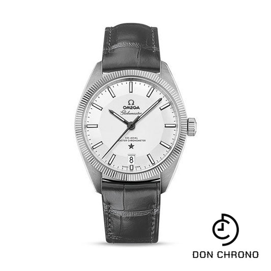 Omega Constellation Globemaster Co-Axial Master Chronometer Watch - 39 mm Steel Case - Fluted Bezel - Silver Dial - Grey Leather Strap - 130.33.39.21.02.001