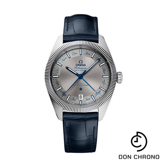 Omega Constellation Globemaster Co-Axial Master Chronometer Annual Calendar Watch - 41 mm Steel Case - Fluted Bezel - Grey Dial - Blue Leather Strap - 130.33.41.22.06.001