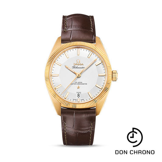 Omega Constellation Globemaster Co-Axial Master Chronometer Watch - 39 mm Yellow Gold Case - Fluted Bezel - Silvery Dial - Brown Leather Strap - 130.53.39.21.02.002
