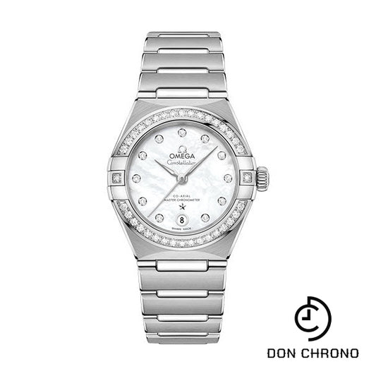 Omega Constellation Manhattan Co-Axial Master Chronometer Watch - 29 mm Steel Case - Diamond-Paved Bezel - Mother-Of-Pearl Diamond Dial - 131.15.29.20.55.001