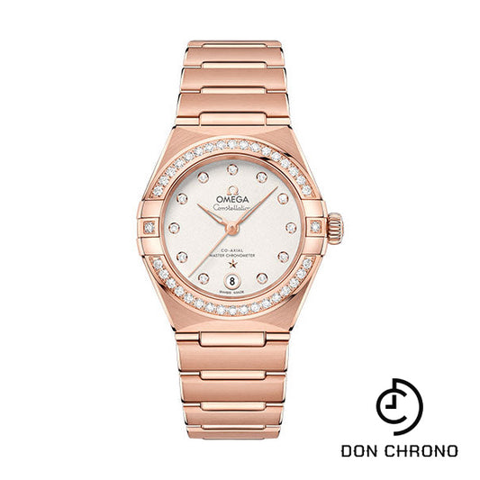 Omega Constellation Manhattan Co-Axial Master Chronometer Watch - 29 mm Sedna Gold Case - Diamond-Paved Bezel - Crystal White Silvery Diamond Dial - 131.55.29.20.52.001