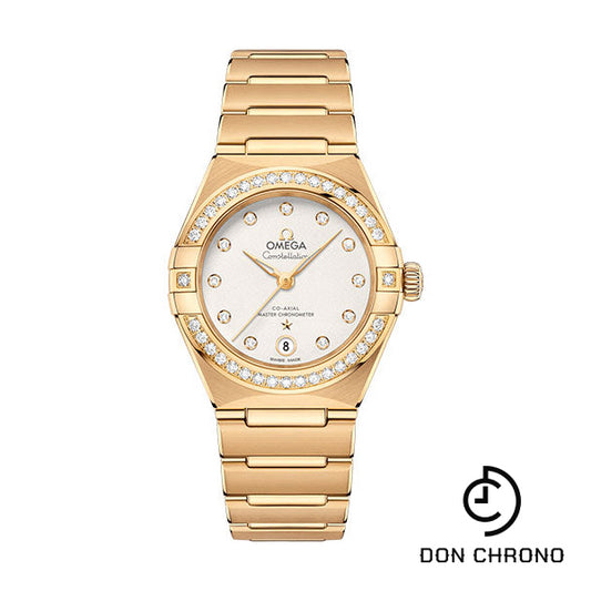 Omega Constellation Manhattan Co-Axial Master Chronometer Watch - 29 mm Yellow Gold Case - Diamond-Paved Bezel - Crystal White Silvery Diamond Dial - 131.55.29.20.52.002