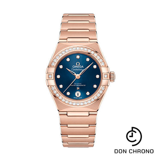 Omega Constellation Manhattan Co-Axial Master Chronometer Watch - 29 mm Sedna Gold Case - Diamond-Paved Bezel - Blue Diamond Dial - 131.55.29.20.53.001