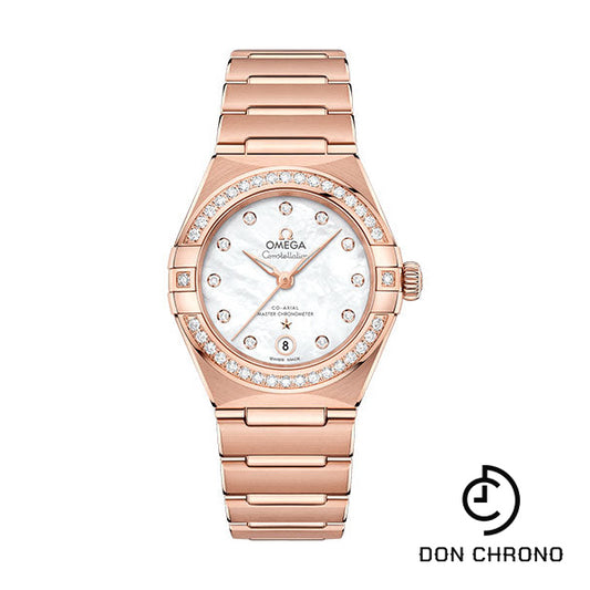 Omega Constellation Manhattan Co-Axial Master Chronometer Watch - 29 mm Sedna Gold Case - Diamond-Paved Bezel - Mother-Of-Pearl Diamond Dial - 131.55.29.20.55.001