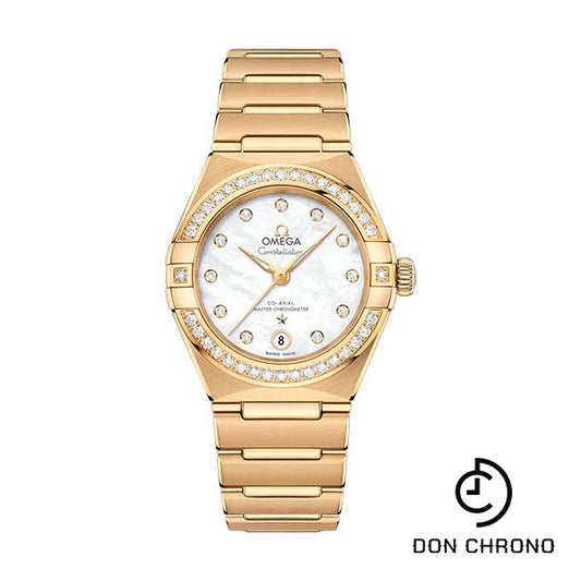 Omega Constellation Manhattan Co-Axial Master Chronometer Watch - 29 mm Yellow Gold Case - Diamond-Paved Bezel - Mother-Of-Pearl Diamond Dial - 131.55.29.20.55.002