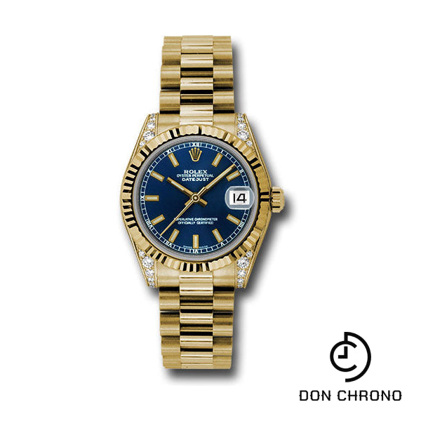 Rolex Yellow Gold Datejust 31 Watch - Fluted Bezel - Blue Index Dial - President Bracelet - 178238 blip