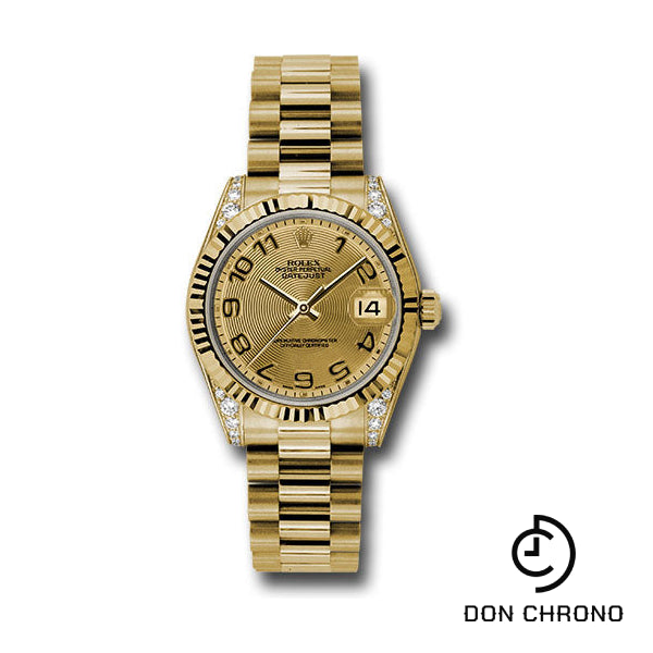 Rolex Yellow Gold Datejust 31 Watch - Fluted Bezel - Champagne Concentric Circle Arabic Dial - President Bracelet - 178238 chcap