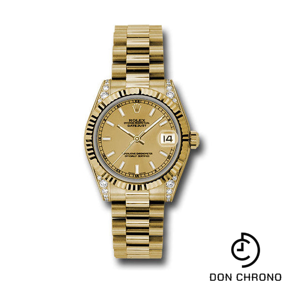 Rolex Yellow Gold Datejust 31 Watch - Fluted Bezel - Champagne Index Dial - President Bracelet - 178238 chip