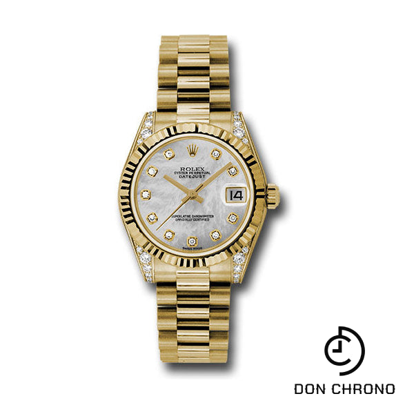 Rolex Yellow Gold Datejust 31 Watch - Fluted Bezel - Mother-Of-Pearl Diamond Dial - President Bracelet - 178238 mdp